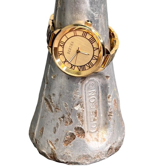 Bertha Analog Watch Gold Tone Roman Numerals Link Band Signed - Picture 1 of 10